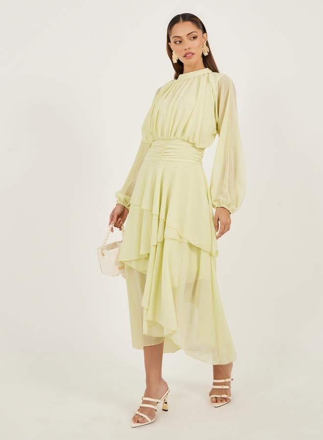 Styli Yellow A-Line Maxi Dress with Sheer Sleeves - Image 1