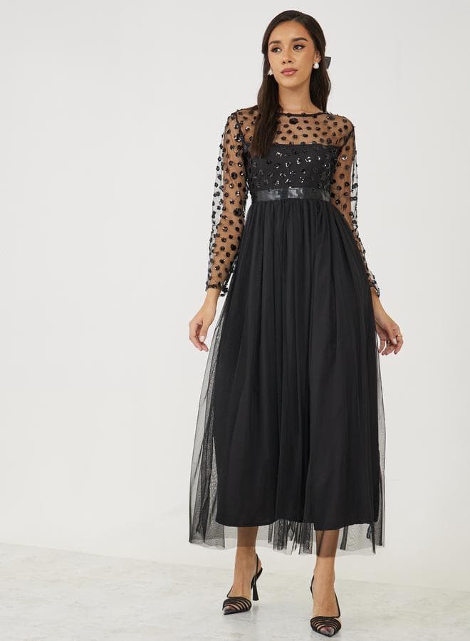 Sequin Mesh Insert A-Line Maxi Dress - Image 1