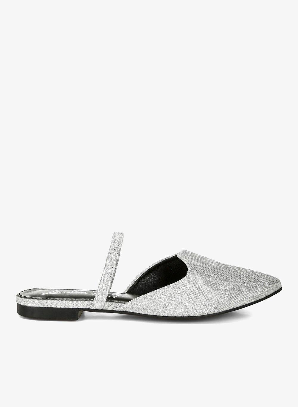 Silver Glitter Faux Leather Pointed Toe Flat Mules - Image 1