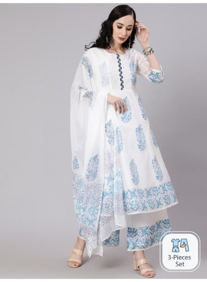White & Blue Block Print Anarkali Palazzo Set - Image 1