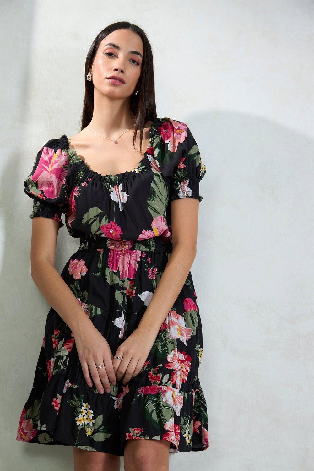 Floral Print Mini Dress with Ruffled Hem - Image 1