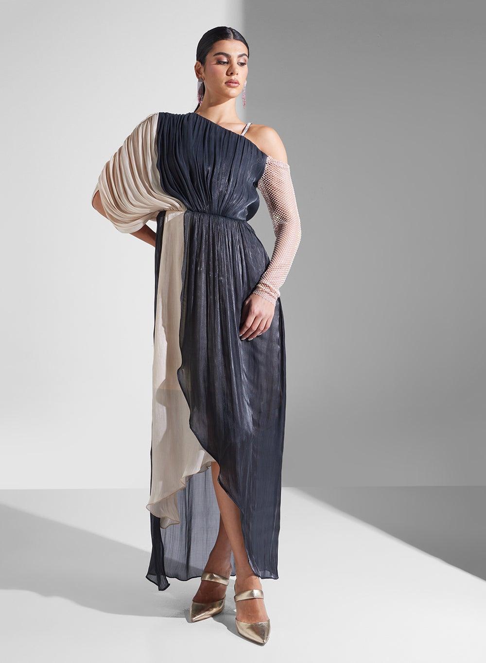 Asymmetric Pleated One-Shoulder Maxi Dress - Image 1