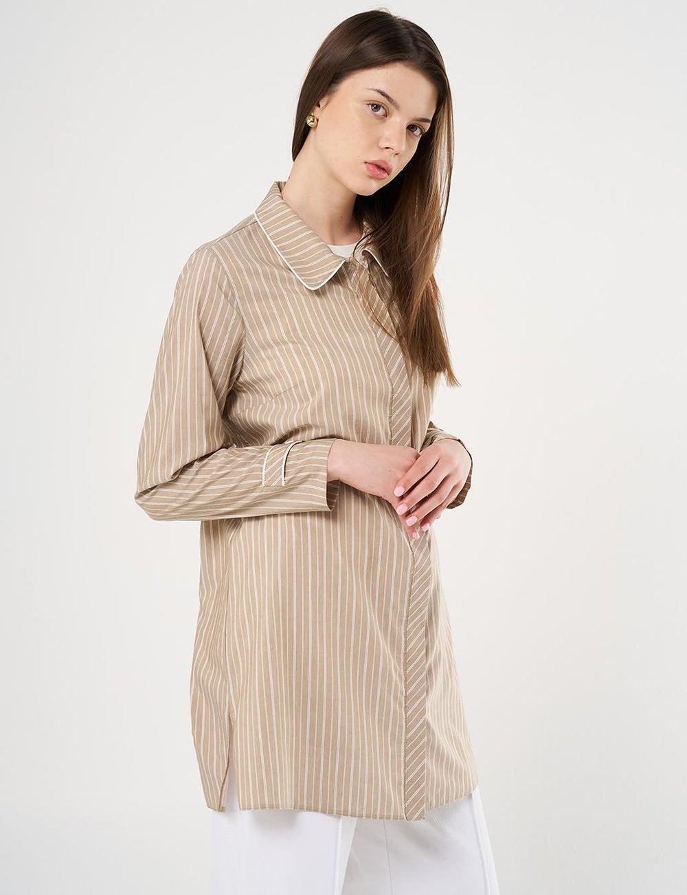 Flamingo Brooch Striped Beige Tunic - Image 1