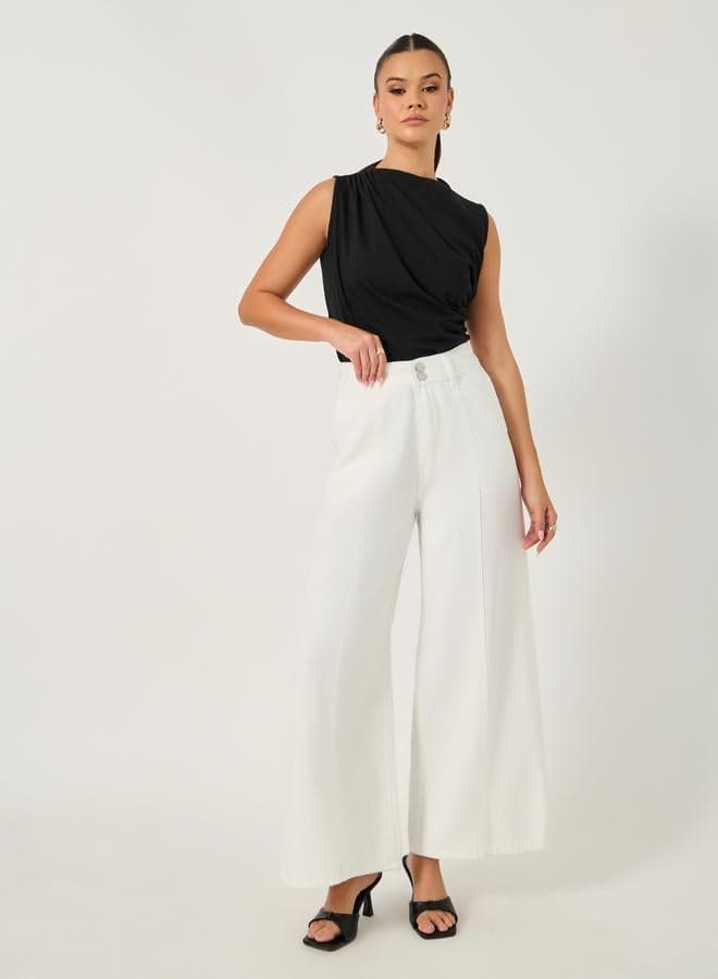 Styli Pintuck Wide Leg Jeans with Button Detail - Image 1