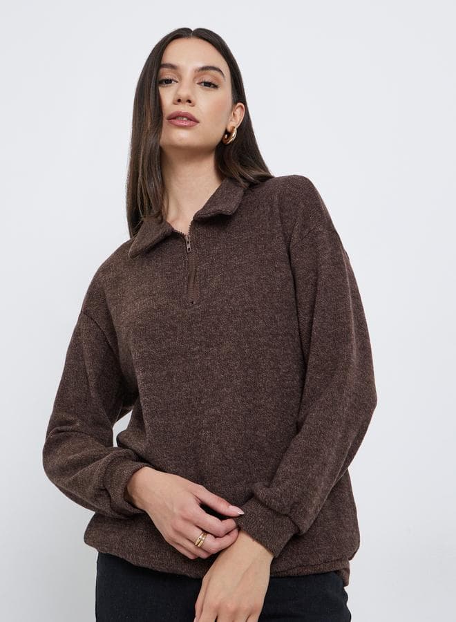 Styli Brown Collared Neck Knit Sweatshirt - Image 1