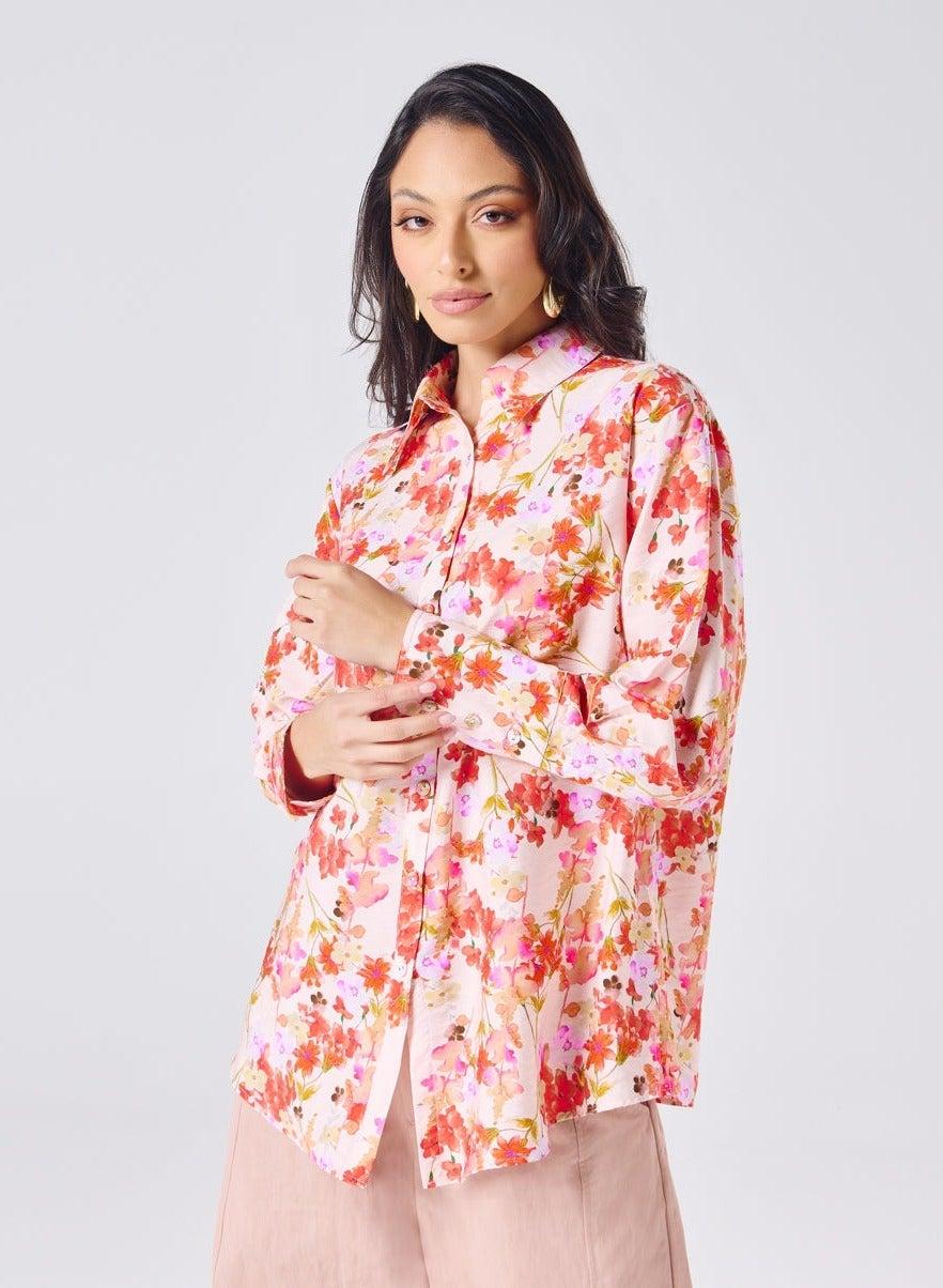 Oversized Orange Printed Shirt for Women - Image 1