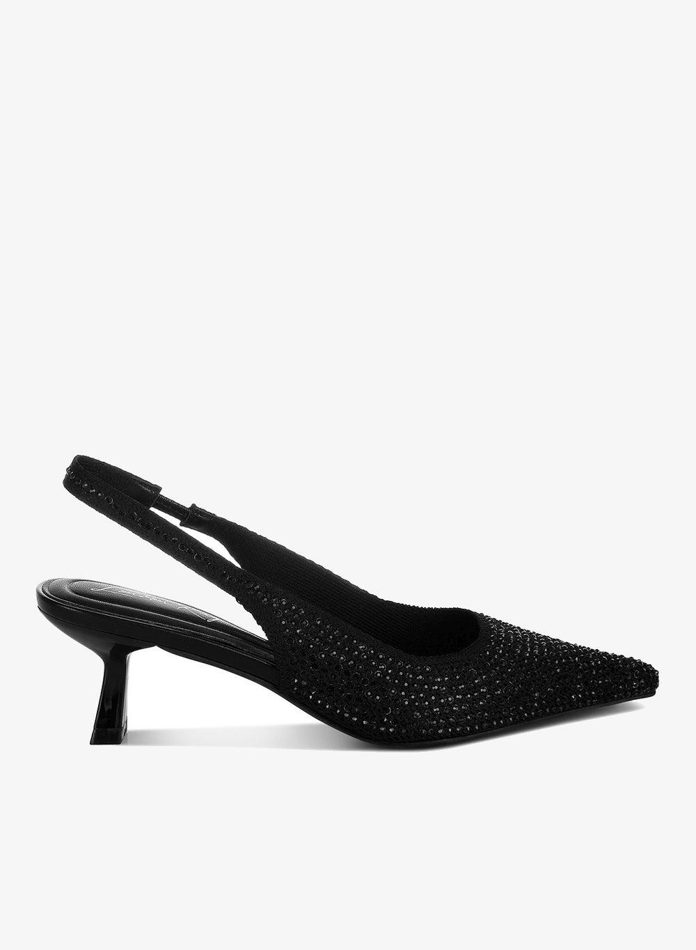 Black Flyknit Rhinestone Slingback Kitten Heels - Image 1