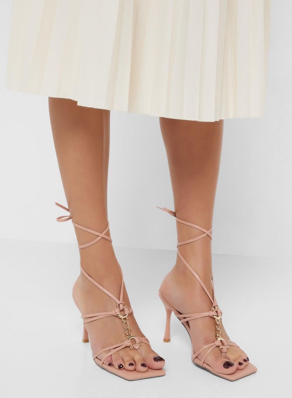 Square Toe Strappy Tie-Up Heel Sandal - Image 1
