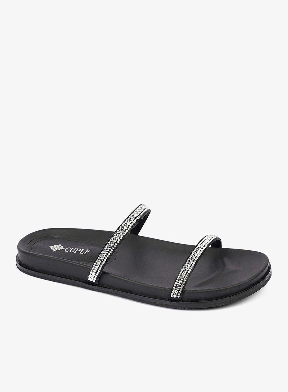 Embellished Double Strap Slip-On Flat Slide Sandals - Image 1