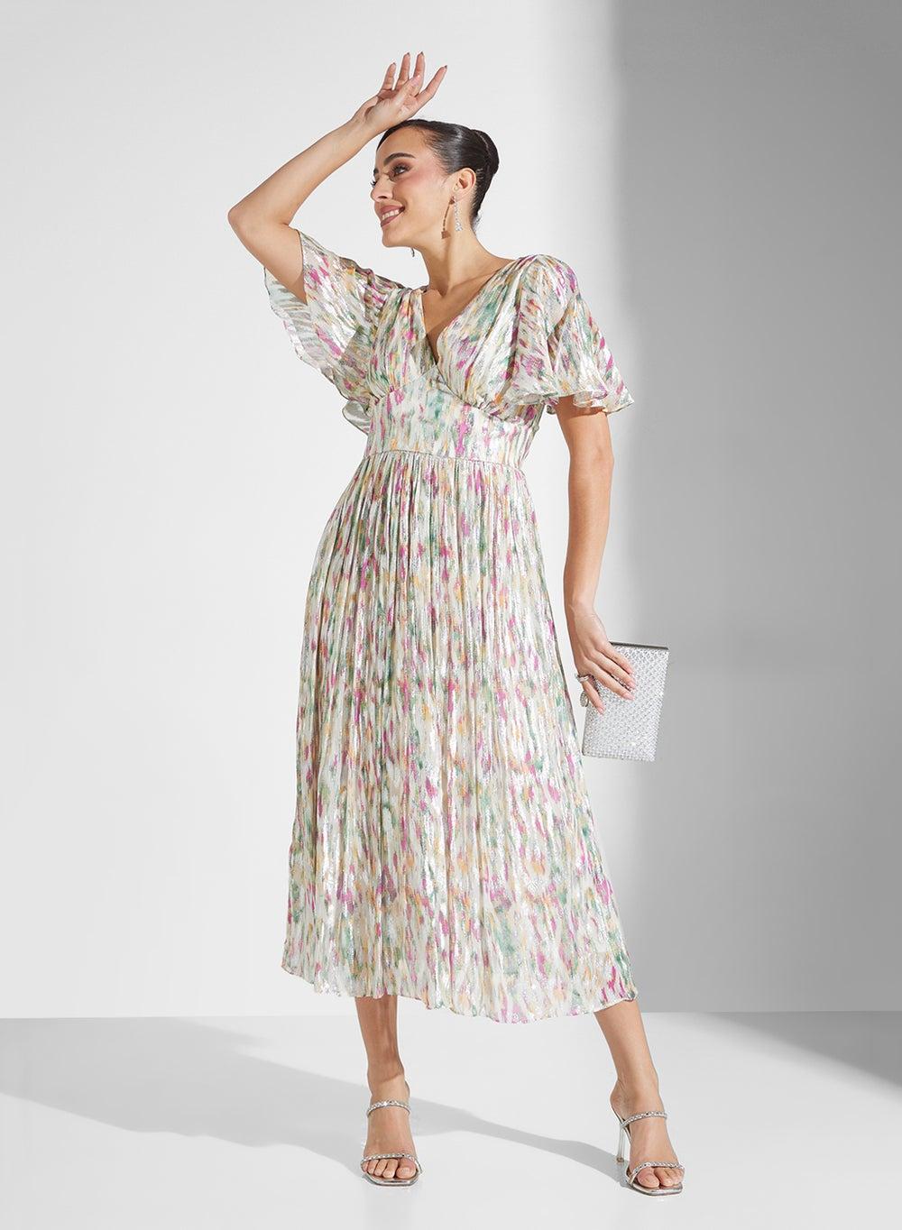 Floral Pleated Midi Dress with Shimmer Detail - Image 1