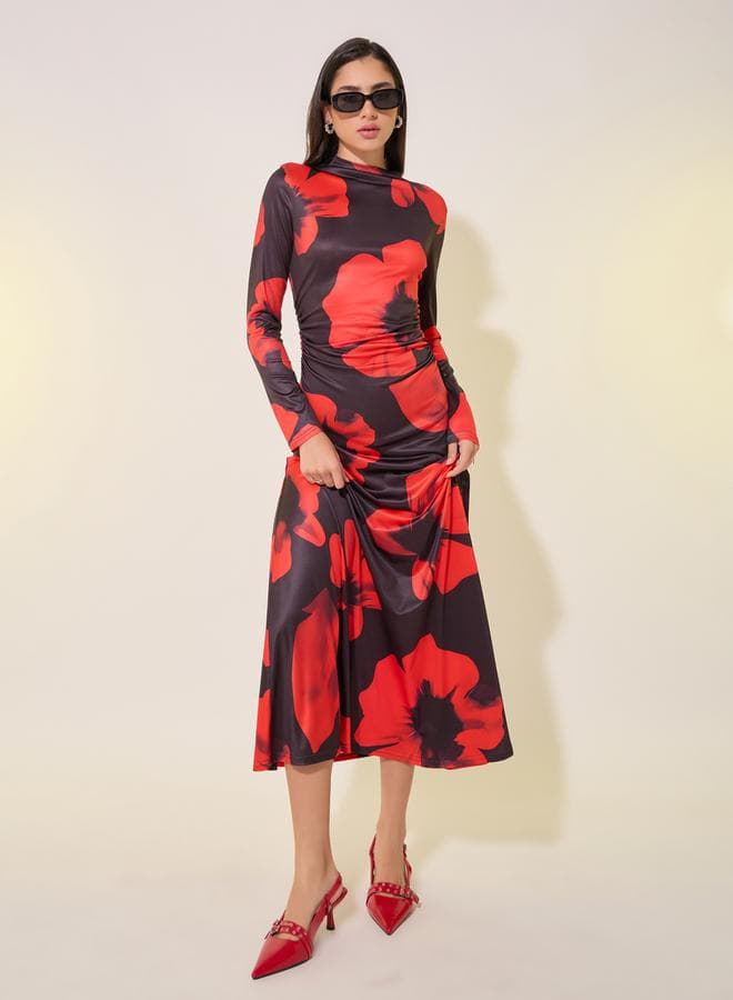Floral Print Long Sleeve A-Line Maxi Dress - Image 1