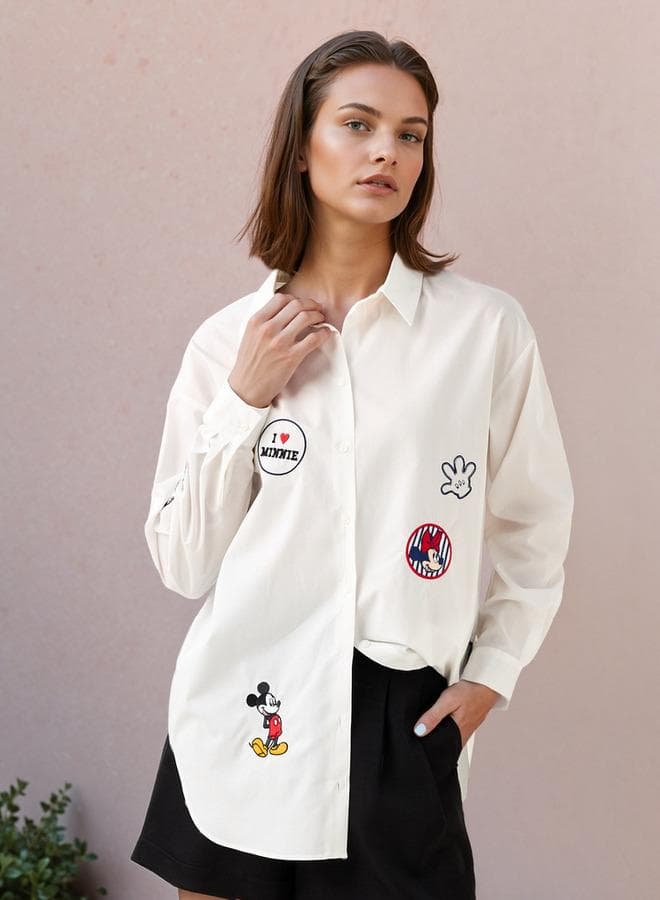 Oversized Mickey Mouse and Minnie Mouse Print High-Low Shirt - Image 1