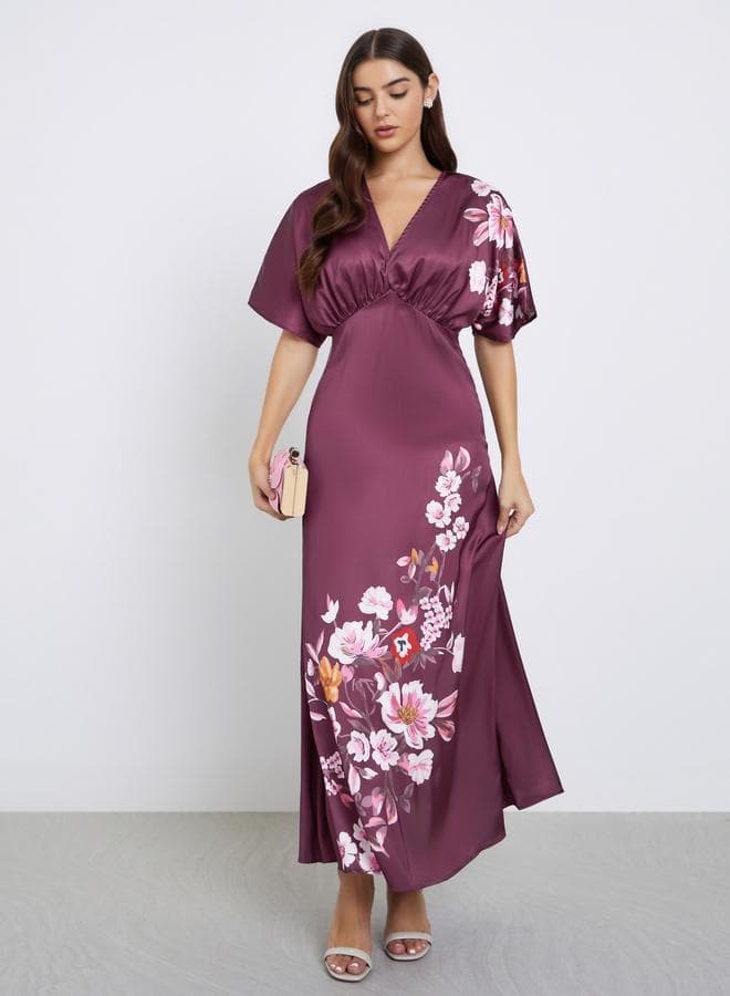 Styli Burgundy Floral Print A-Line Maxi Dress - Image 1