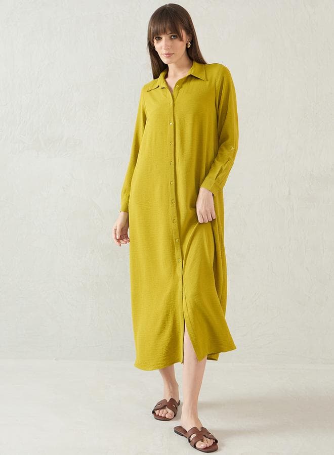 Femmella Green Solid Long Sleeve Button-Front Midi Dress - Image 1