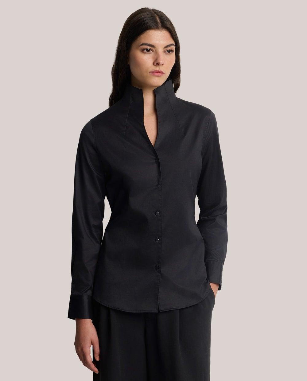 Long Slim Fit Twill Stretch Stand Collar Shirt - Image 1