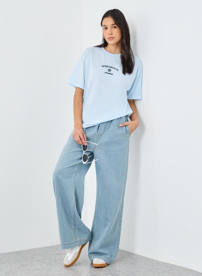 Styli Wide Leg Jeans with Elastic Waist and Drawstring - Image 1