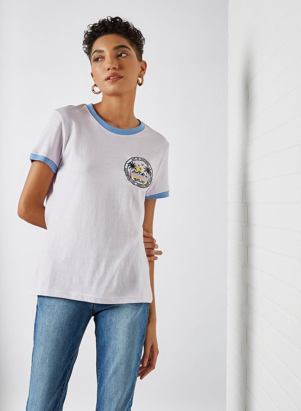 Embroidered Patch T-Shirt in White, Blue & Black - Image 1