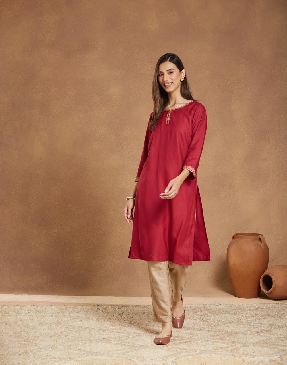 Maroon Viscose Silk Embroidered Knee-Length Kurta - Image 1