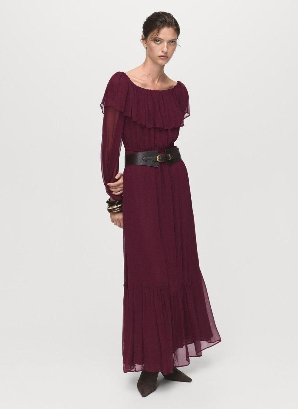 Strapless Ruffle Maxi Dress with Puff Sleeves - Image 1