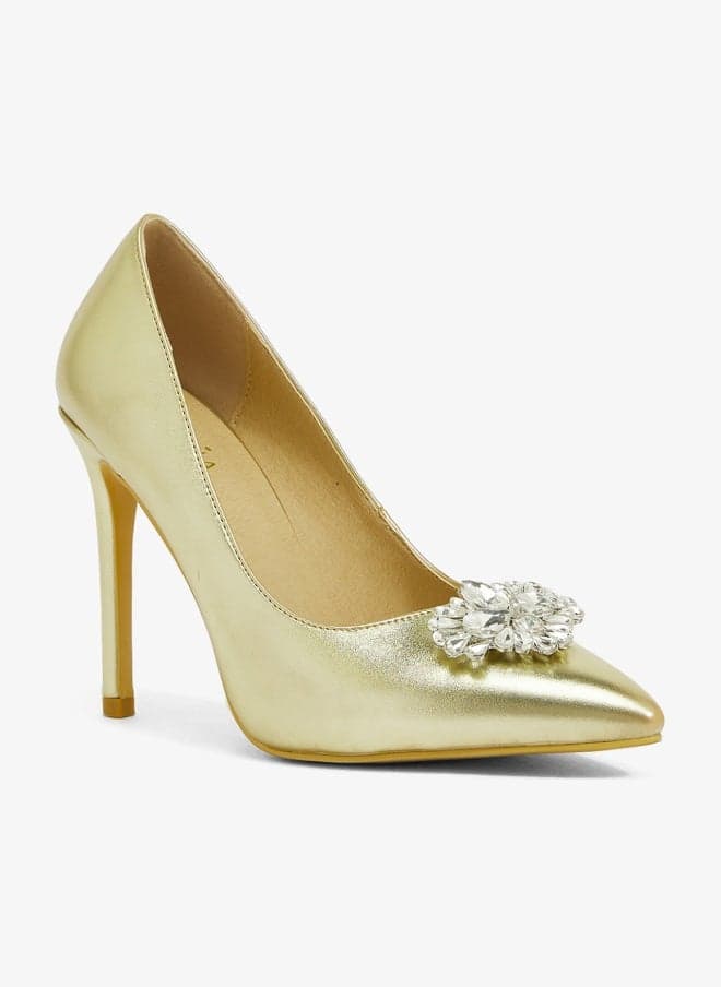 Gold Metallic Crystal Floral Pointed-Toe Stiletto Pumps - Image 1