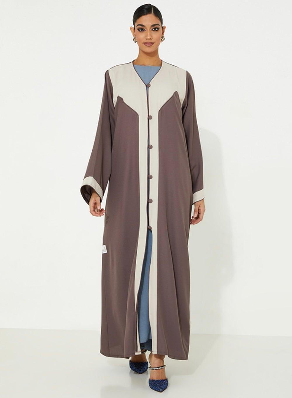 Beige Cut Design Abaya with Button and Wide Sleeves - Image 1