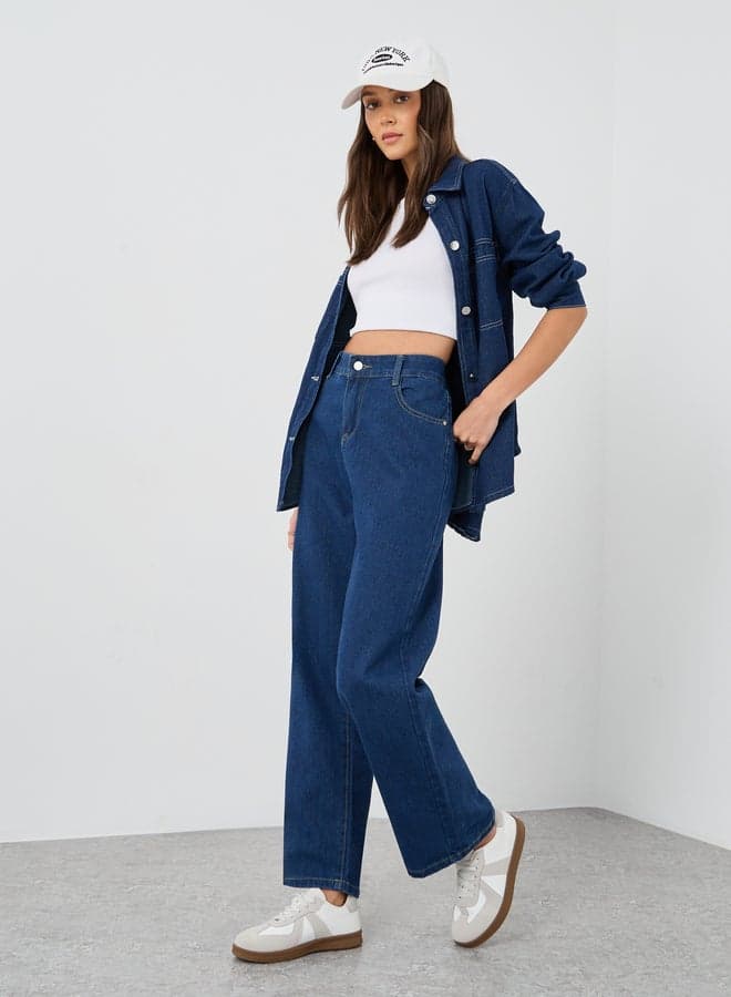 Dark Blue Wide Leg Jeans with Pockets - Image 1