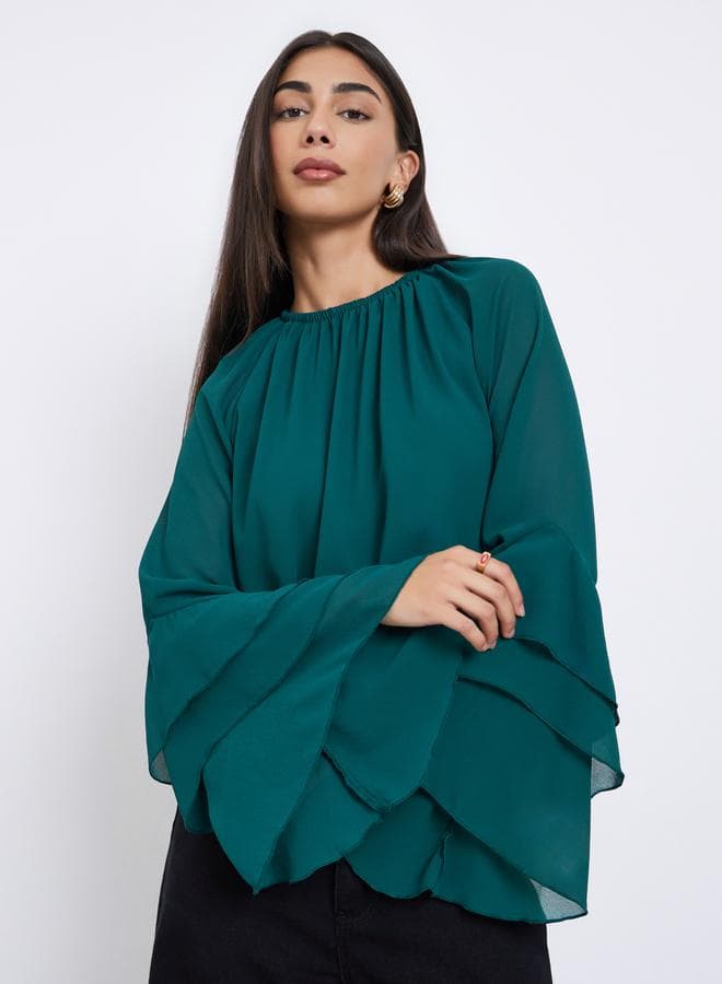Styli Green Frill Detail Bell Sleeve Chiffon Blouse - Image 1