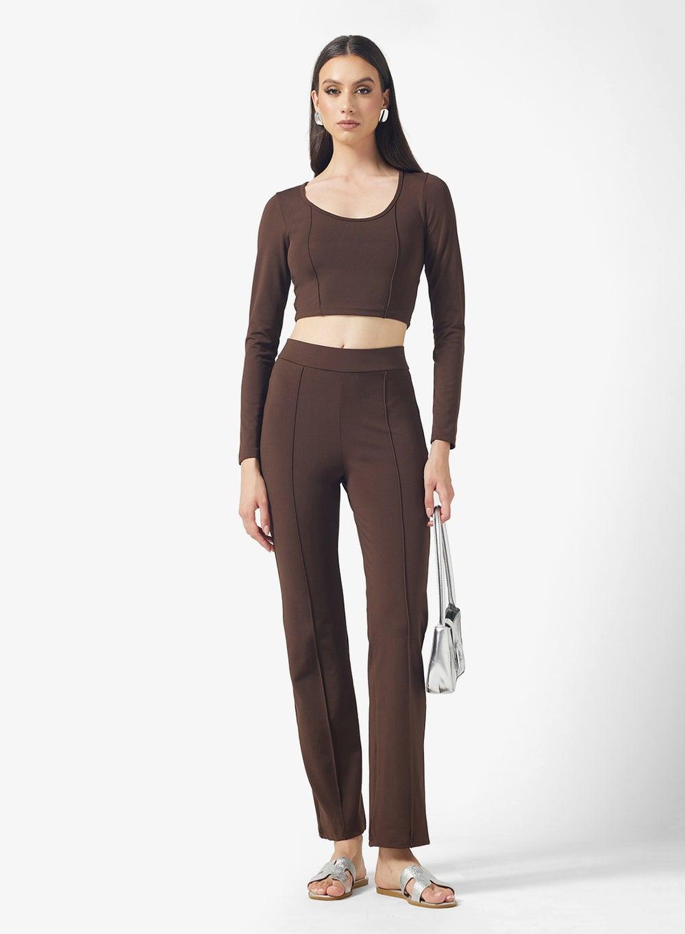 Elegant Brown Long Sleeve Crop Top and Pants Set - Image 1