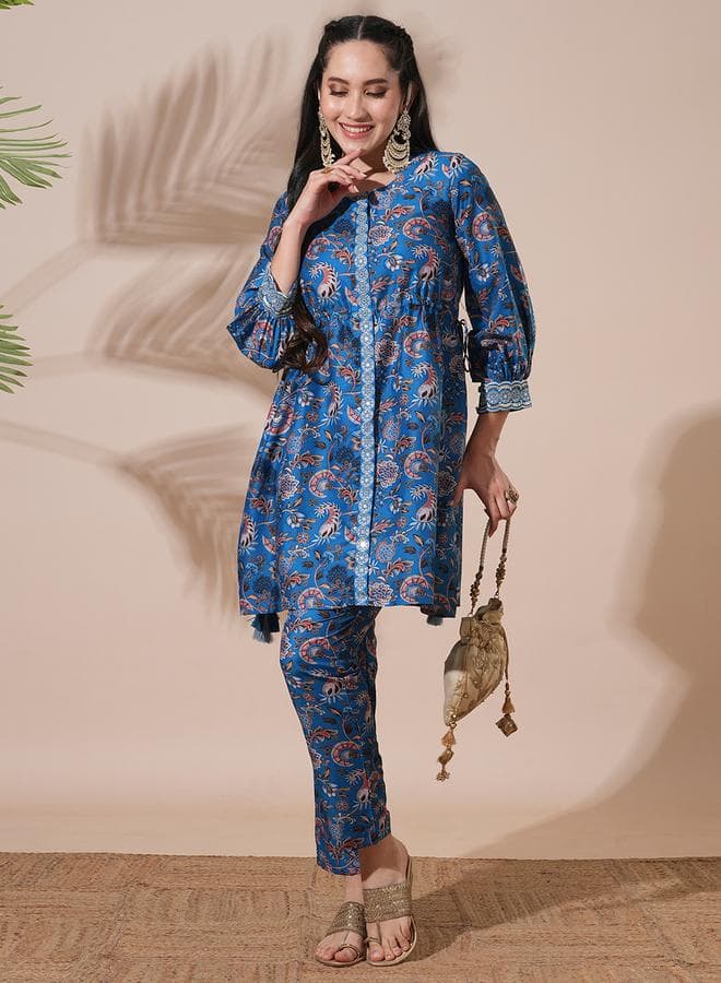Floral Print Tunic and Mid-Rise Narrow Pants Co-Ord Set - Image 1