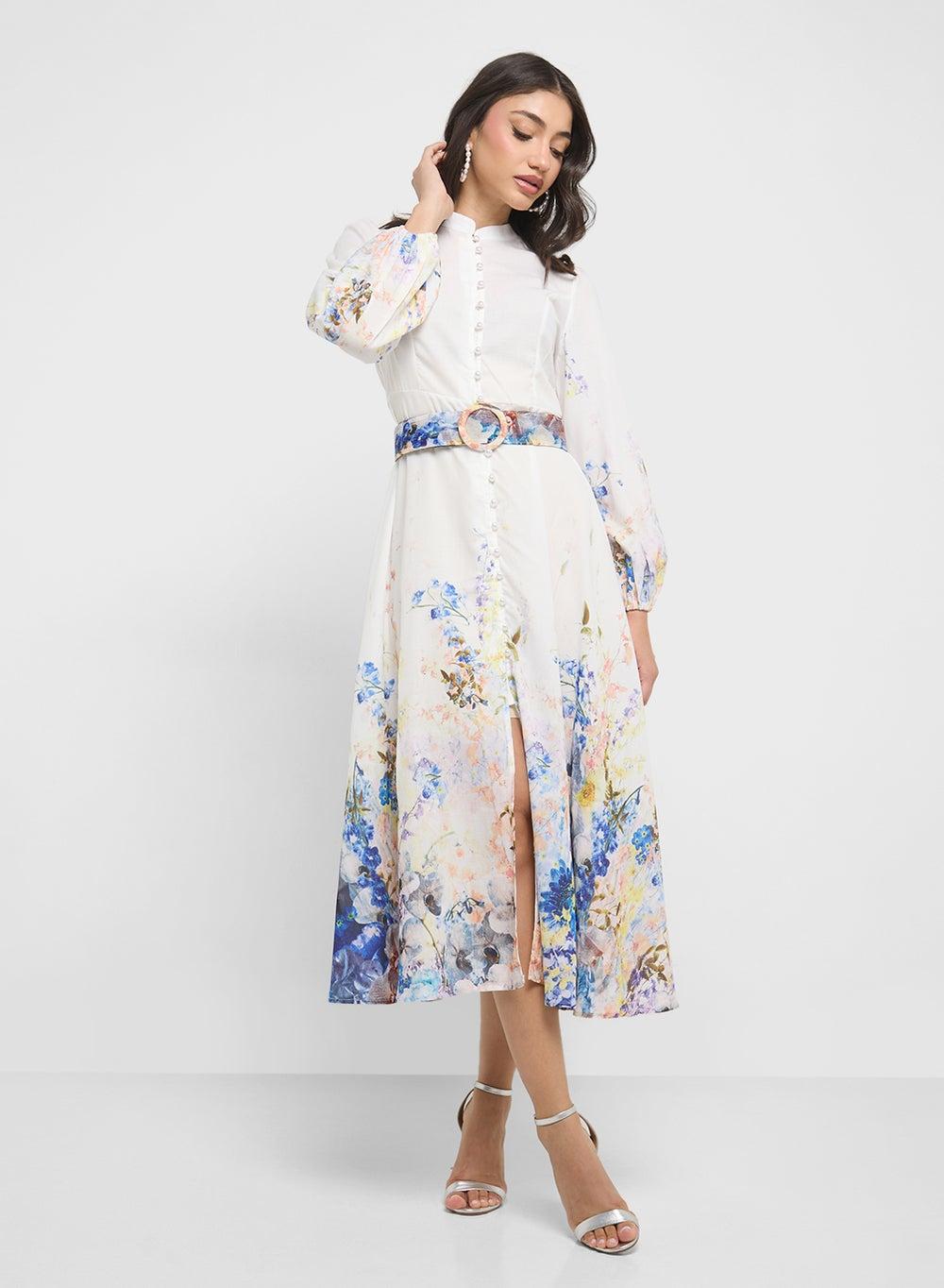 Floral Belted Midi Dress with Collared Neck - Image 1
