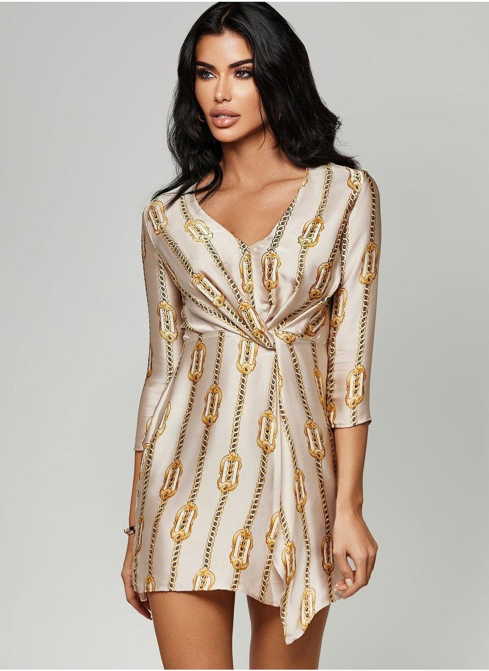 Chain Print Mini Dress with Twist Waist Detail - Image 1