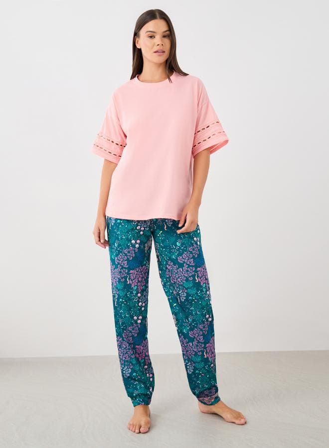 Lace Insert Round Neck Pyjama Set - Image 1