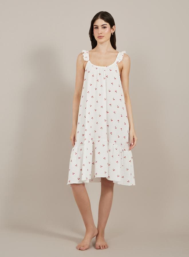Cherry Print Cotton Slip Dress with Ruffled Trim - Image 1