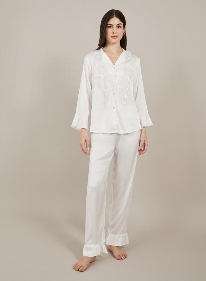 Satin Butterfly Print Long Sleeve Pajama Set - Image 1