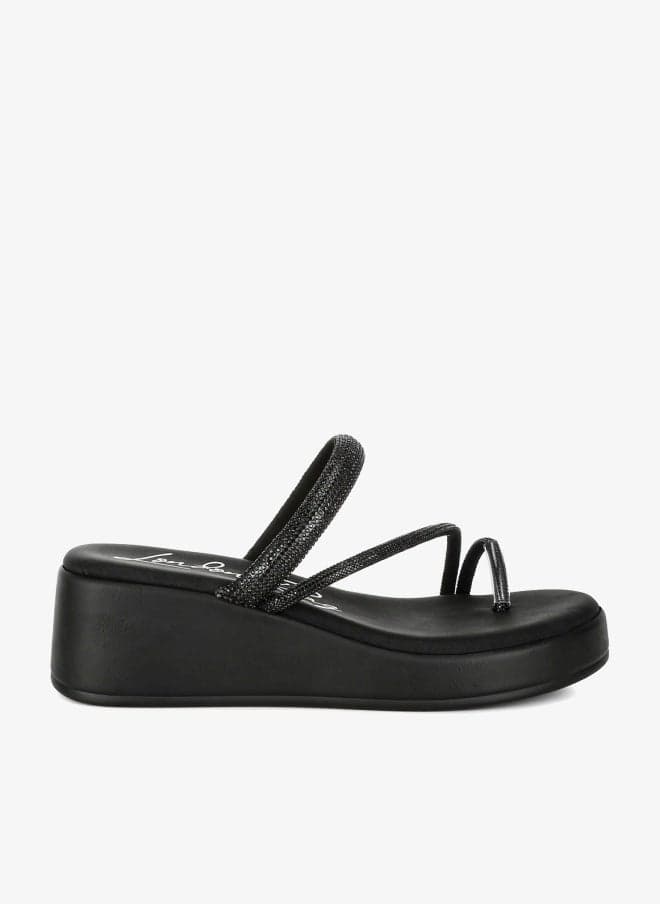 Black Toe Loop Rhinestone Wedge Slip-On Sandals - Image 1