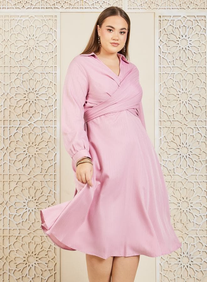 Plus Textured Collared Back Tie-Up A-Line Midi Dress - Image 1