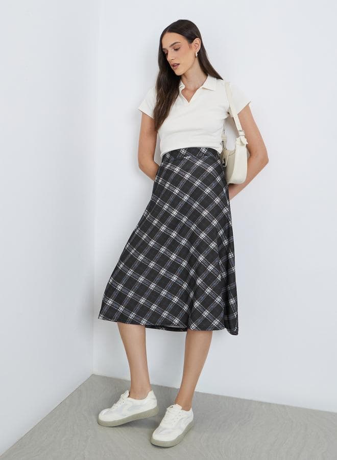 Styli Checked Print A-Line Black Midi Skirt - Image 1