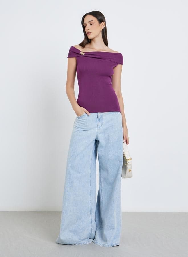 Styli Purple Off-Shoulder Knit Top - Image 1