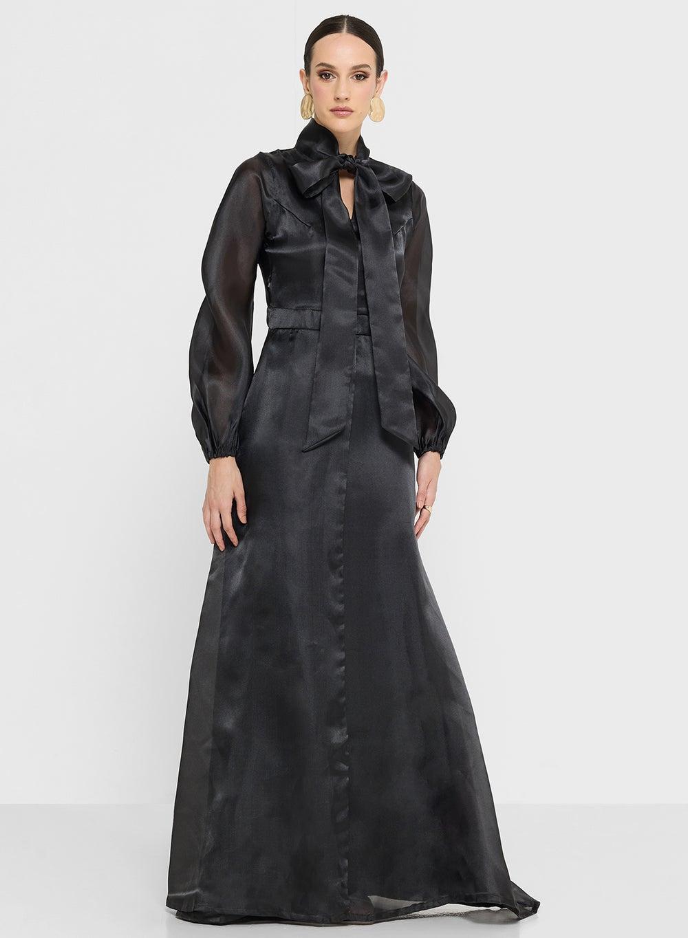 Black Satin Long-Sleeve Dress with Gathered Sleeves - Image 1