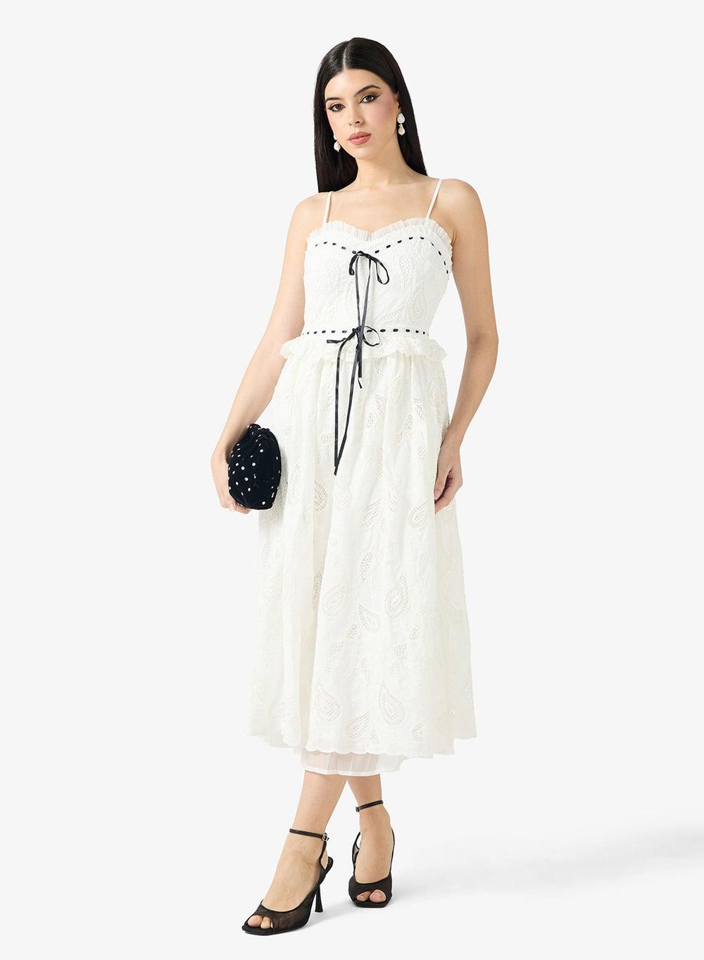 Crochet Lace Ribbon Midi Dress with Sweetheart Neck - Image 1