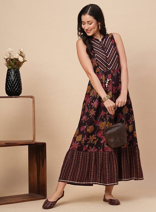 Floral Printed Mandarin Collar A-Line Maxi Dress with Lace Detail - Image 1