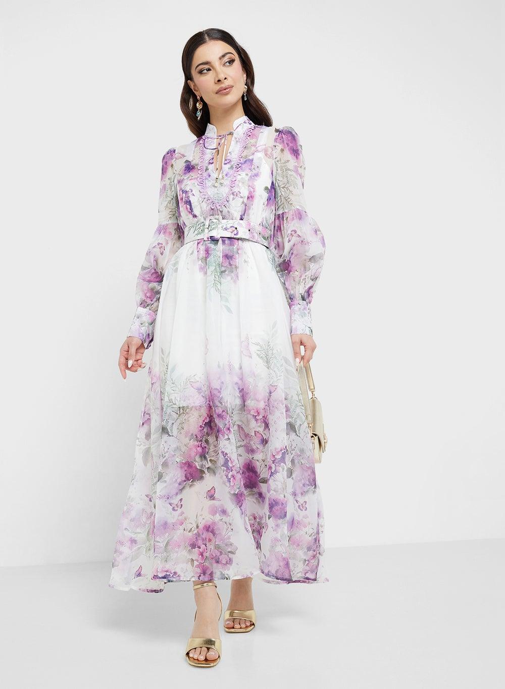 Floral Chiffon Maxi Dress with Belt - Image 1