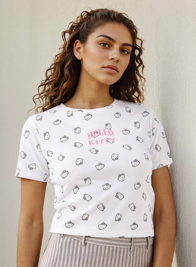 Hello Kitty Ribbed Crop T-Shirt with Crew Neck - Image 1