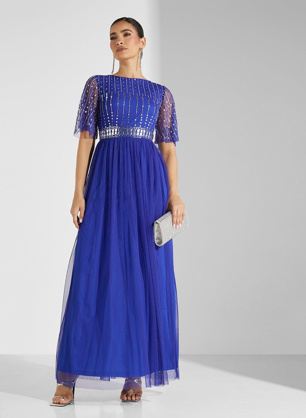 Embellished Blue Tulle Maxi Dress with Decorative Belt - Image 1