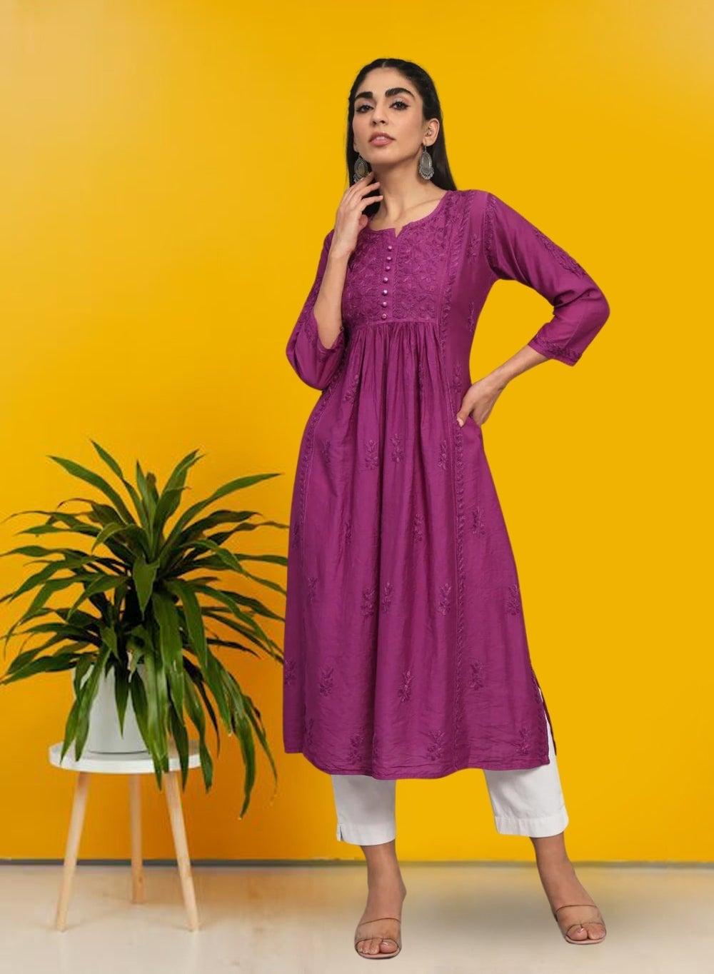 Hand Embroidered Chikankari Chanderi Cotton A-Line Kurta AL3608 - Image 1
