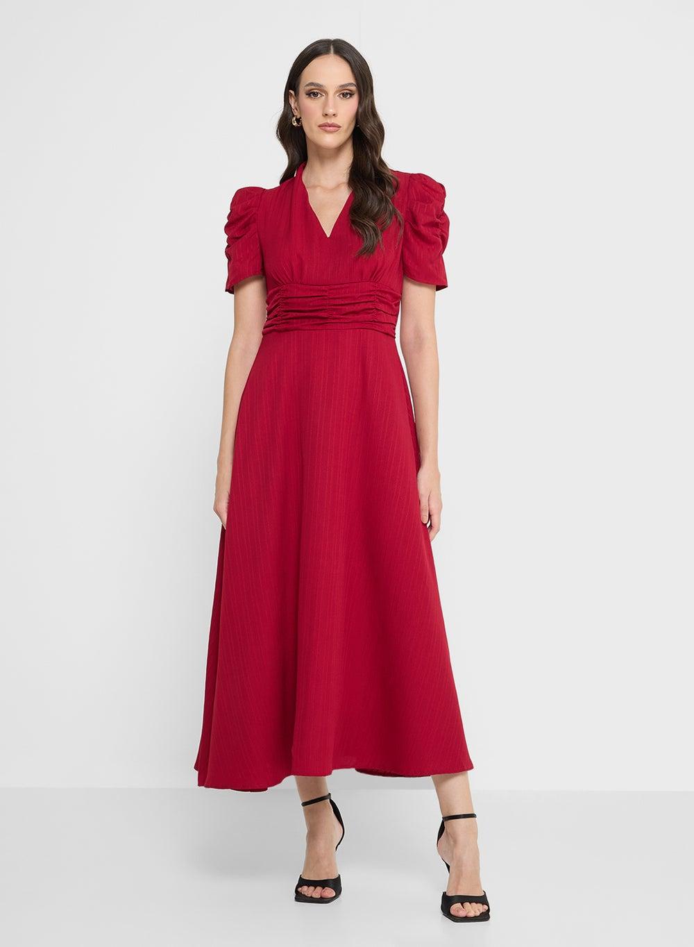 Puff Sleeved A-Line Midi Dress - Image 1