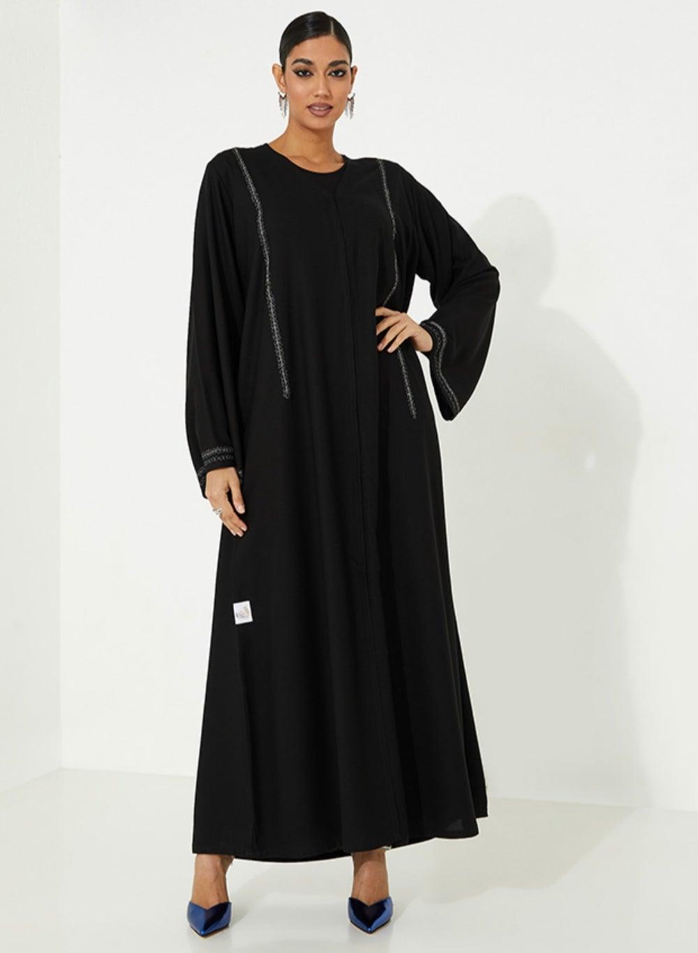 Black Open Abaya with Silver Stitching Detail - Image 1