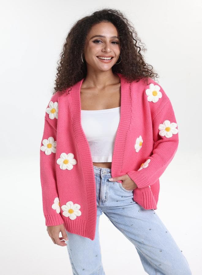 Take Two Plus Size Pink Flower Embroidery Knit Cardigan - Image 1
