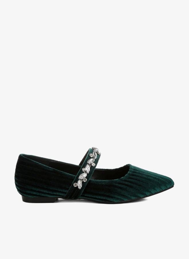 Green Velvet Ballerinas with Diamante Brooch Strap - Image 1