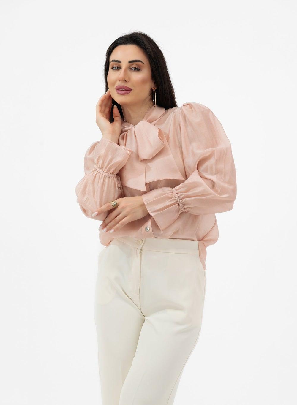 Elegant Rose Beige Bow-Tie Blouse - Image 1
